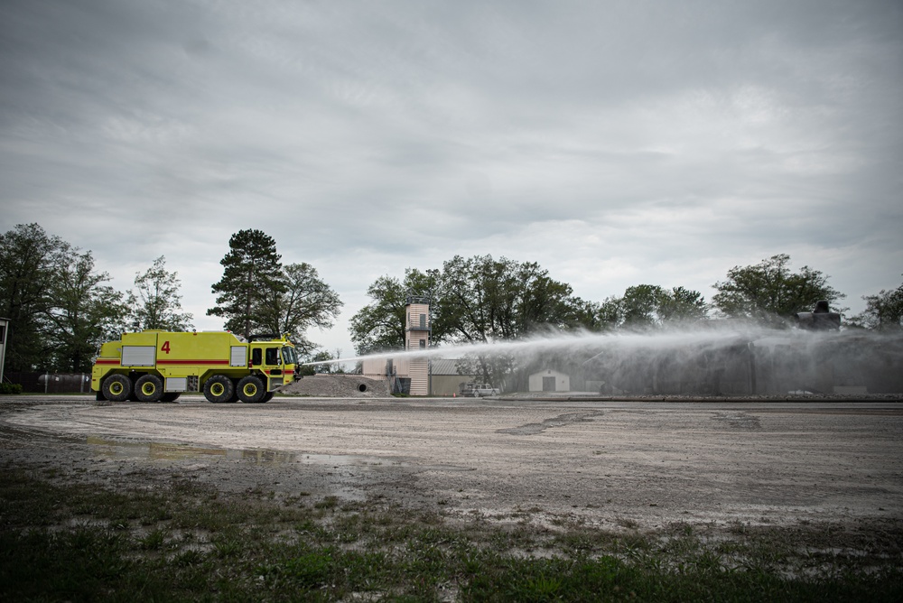 Latvian and Alpena CRTC firefighters simulate aircraft fire