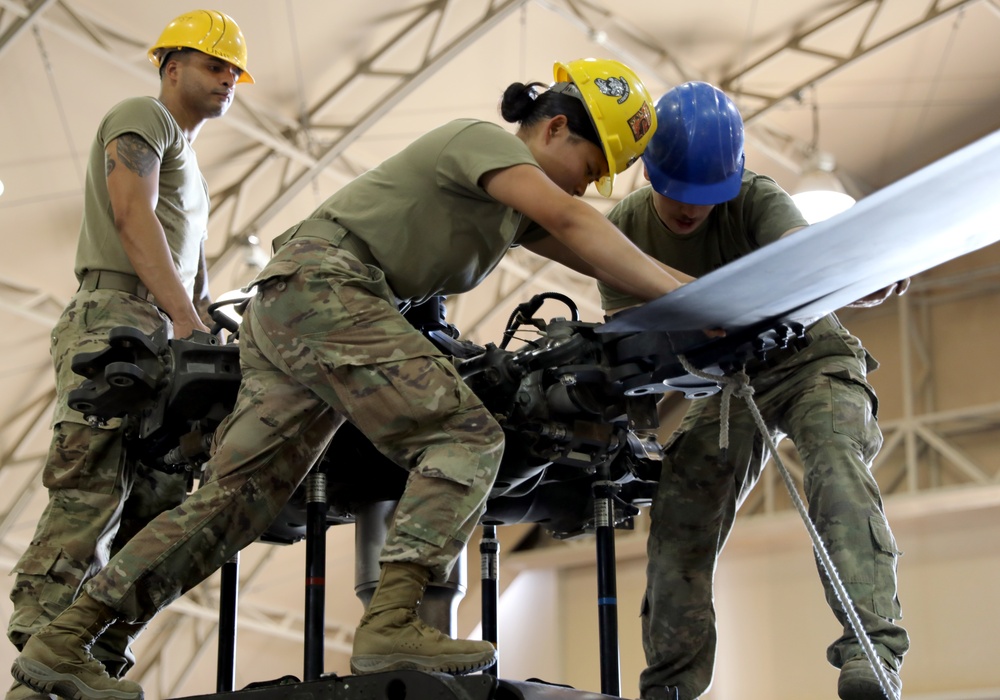 Task Force Phoenix, Bravo Company, 640th Aviation Support Battalion mechanics conducts UH-60 Black Hawk helicopter maintenance