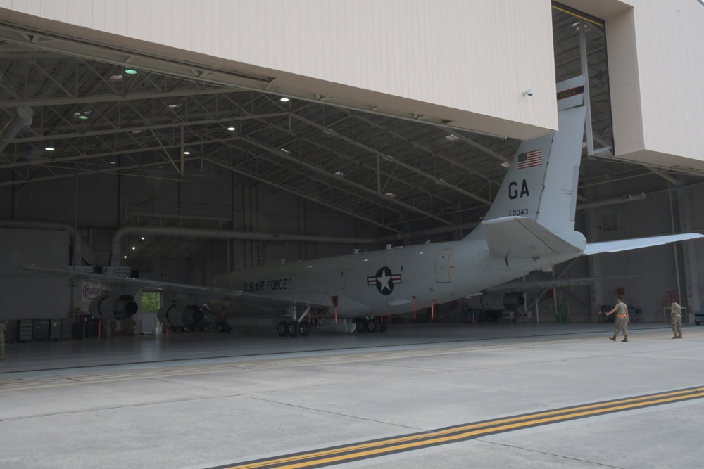 Photo of E-8C Joint STARS Aircraft Entering Hangar