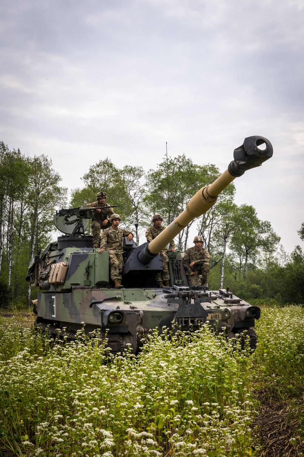 1-201st Field Artillery Regiment operates M109A6 Paladin howitzers during Northern Strike 21