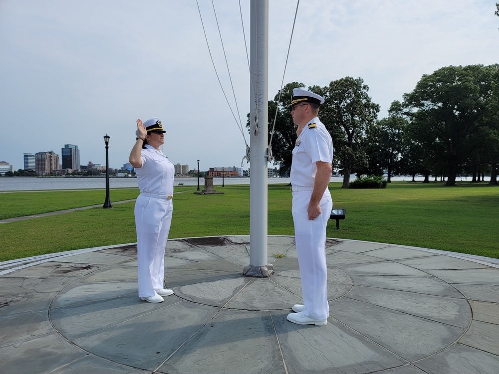 Naval Submarine Medical Research Laboratory’s (NSMRL) Lt. Nicole Johnson was promoted to her current rank during an outdoor ceremony at Hospital Point at the historic Naval Medical Center Portsmouth, in Virginia, on July 25.