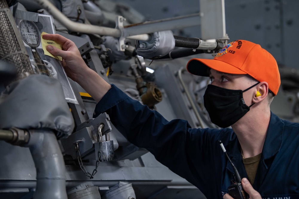 Gas Turbine Systems Technician Conducts Simulated Temperature Reading Aboard USS Michael Murphy (DDG 112)