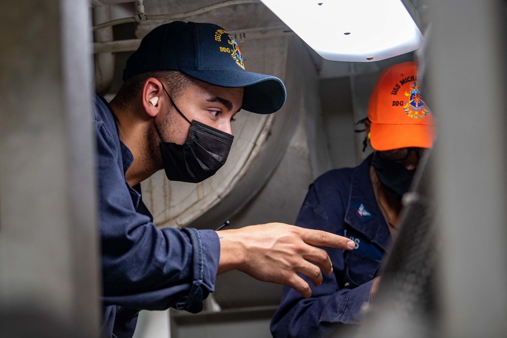 Damage Controlman Participates in Simulated Casualty Training Aboard USS Michael Murphy (DDG 112)