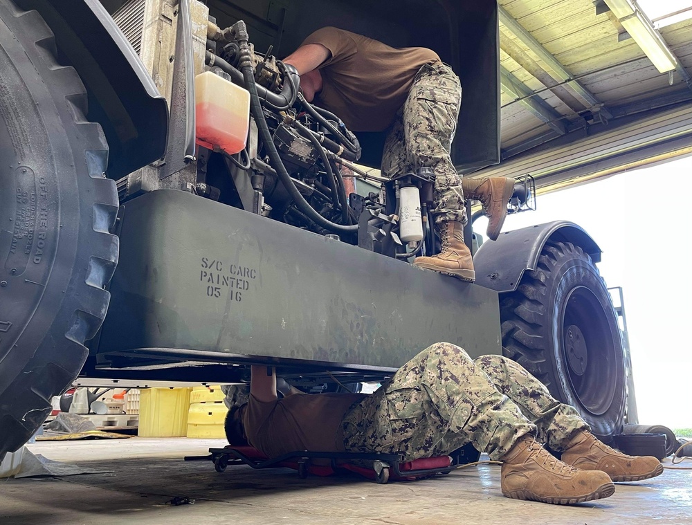 U.S. Navy Seabees with NMCB-5's Detail Marshall Islands prepare for future projects