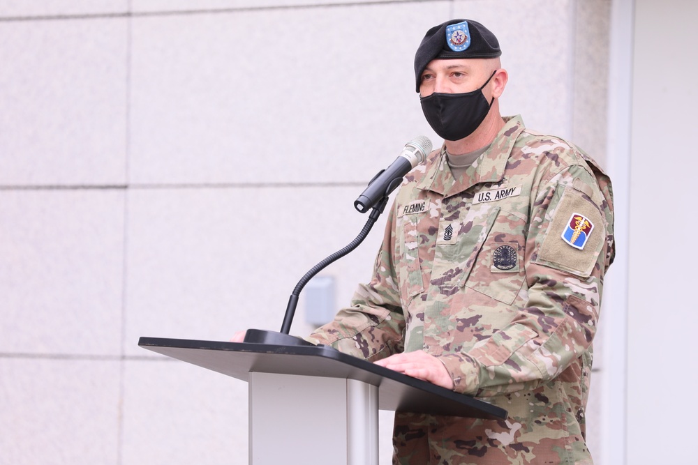 The incoming First Sergeant delivers remarks