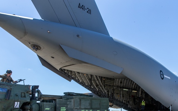 HIMARS loading onto a C-17 during Exercise Loobye