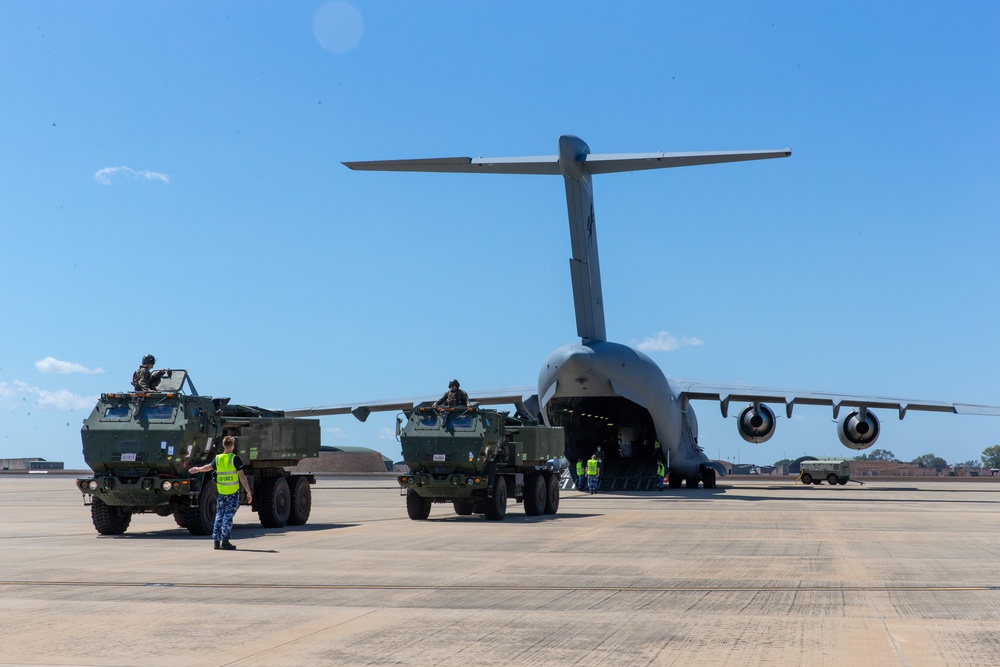 HIMARS loading onto a C-17 during Exercise Loobye