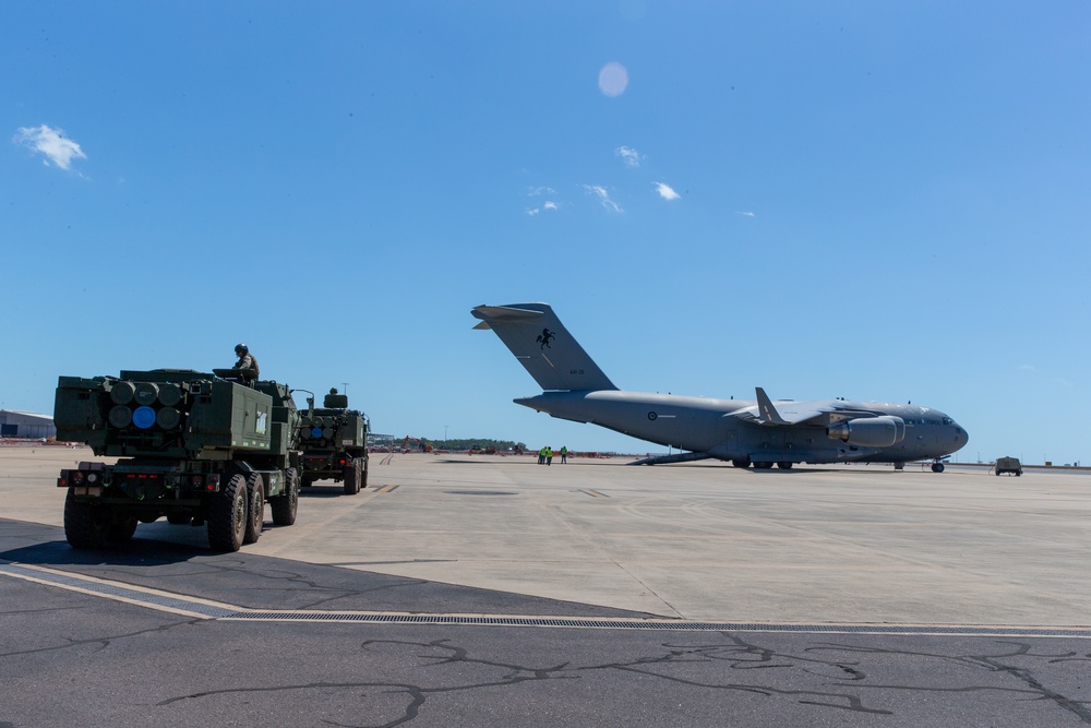 HIMARS loading onto a C-17 during Exercise Loobye