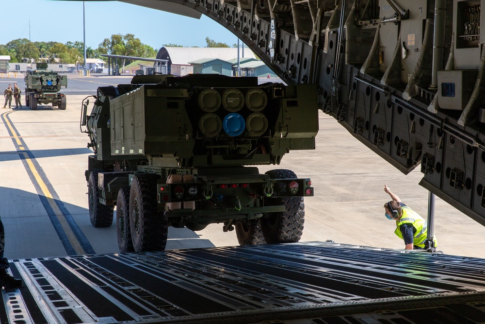 HIMARS loading onto a C-17 during Exercise Loobye