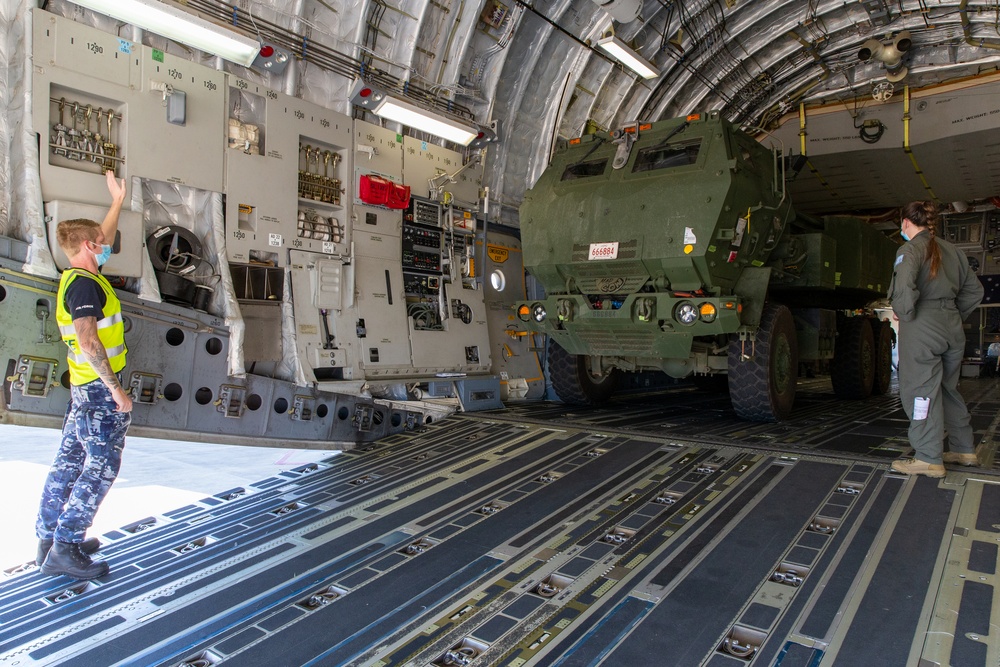 HIMARS loading onto a C-17 during Exercise Loobye