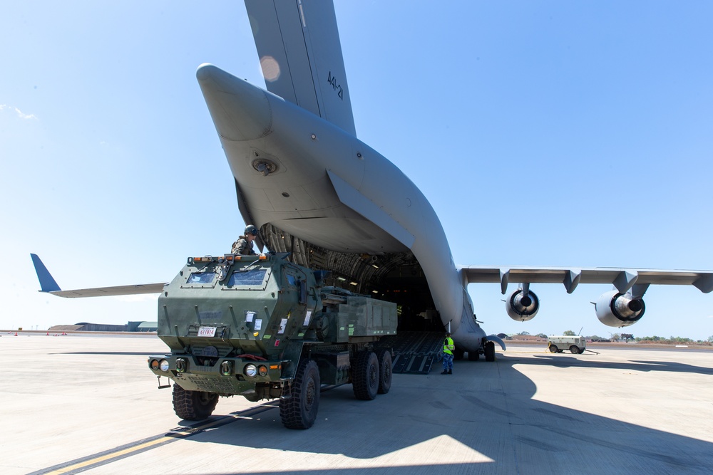 HIMARS loading onto a C-17 during Exercise Loobye