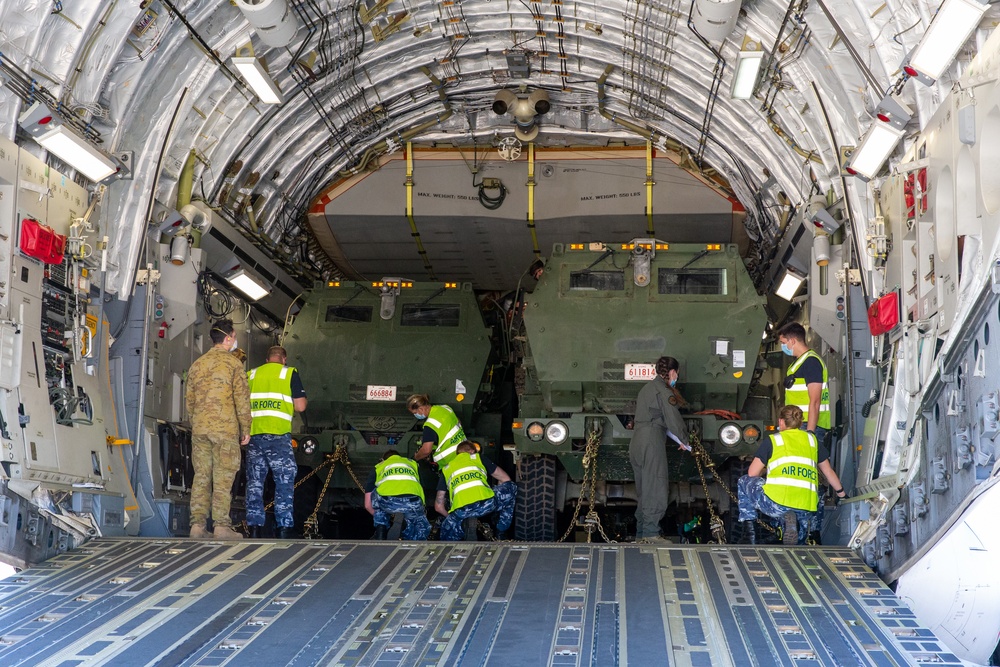 HIMARS loading onto a C-17 during Exercise Loobye