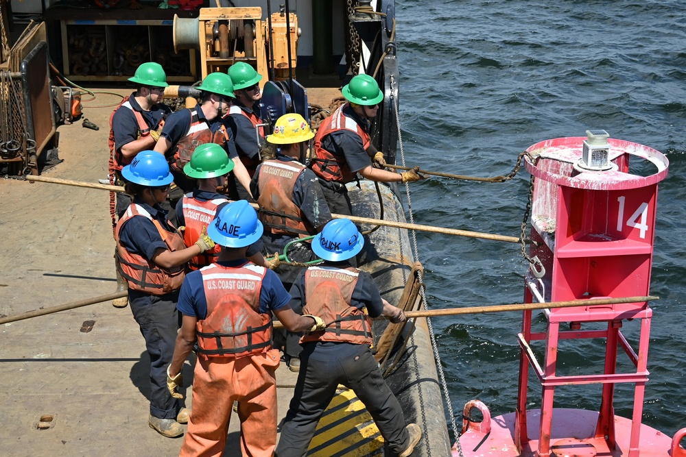 Coast Guard Cutter Ida Lewis works buoys in Narragansett Bay