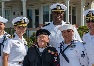 Sailors Pose with WW2 Veteran