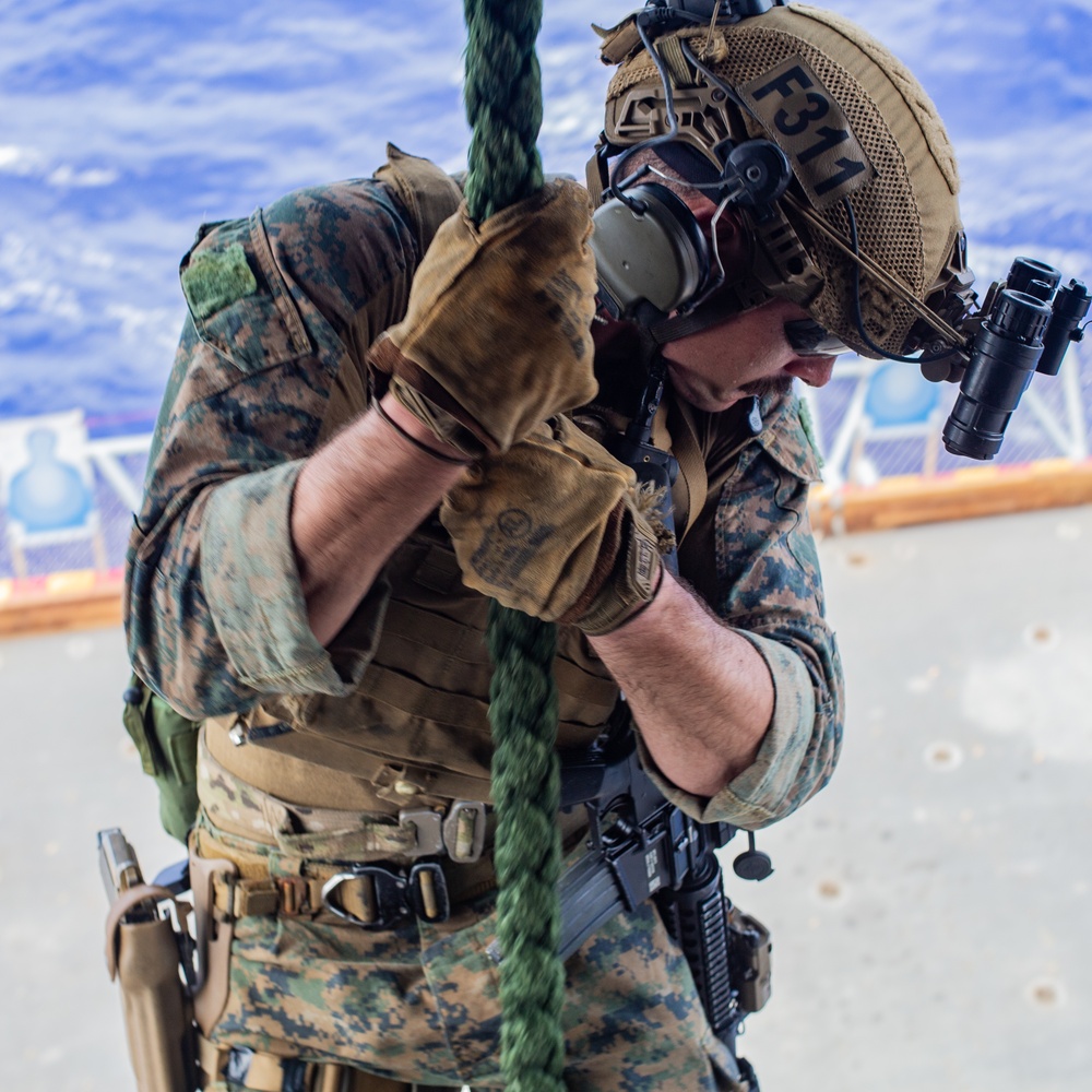 FRP Marines Fast Rope into Live Fire Deck Shoot