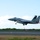 Combat aircraft integrate in Hawaii for exercise Sentry Aloha-21 A U.S. Air Force F-15 Eagle fighter jet is captured at the moment of takeoff from a runway, with landing gear still deployed and afterburner visibly ignited. The aircraft bears tail number '144' and markings consistent with a U.S. Air Force unit designation on the vertical stabilizer. The background shows a blurred treeline and overcast sky, indicating a panning camera technique was used.