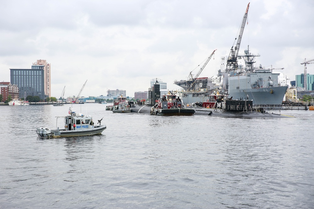 Norfolk Naval Shipyard sends future moored training ship USS San Francisco to Charleston