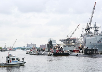 Norfolk Naval Shipyard sends future moored training ship USS San Francisco to Charleston
