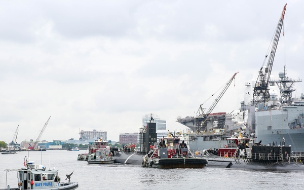 Norfolk Naval Shipyard sends future moored training ship USS San Francisco to Charleston