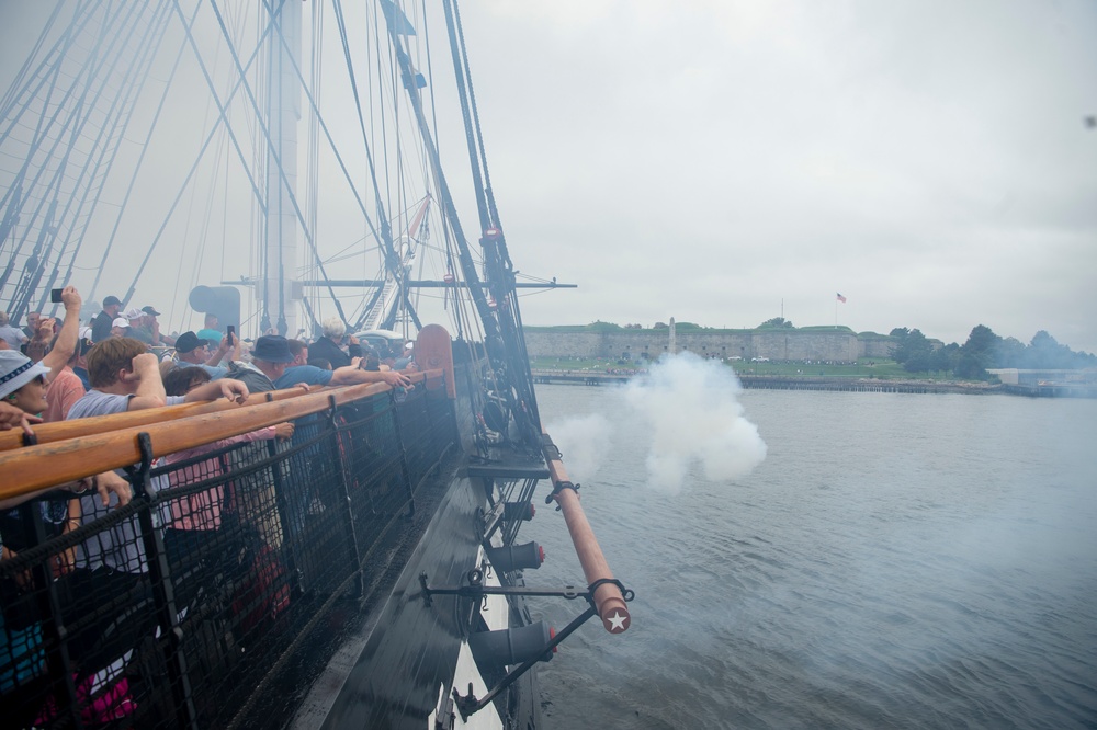 USS Constitution fires a saluting battery