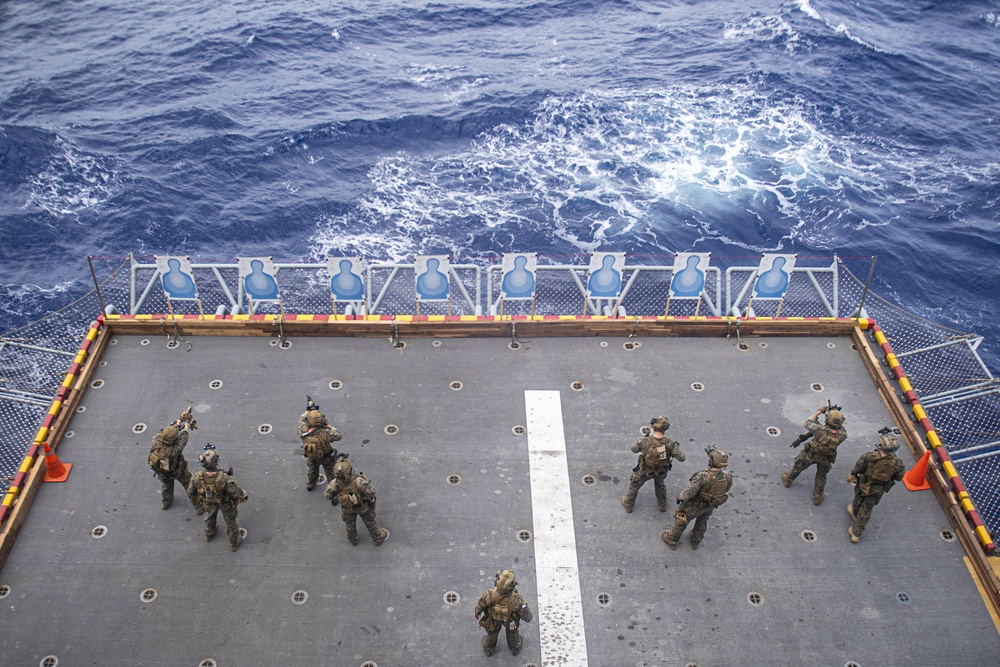 Marines assigned to the 31st Marine Expeditionary Unit participate in a fast rope and live fire exercise.