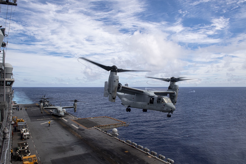 Marines assigned to the 31st Marine Expeditionary Unit take off of the forward-deployed amphibious assault ship USS America (LHA 6) for a long-range raid.