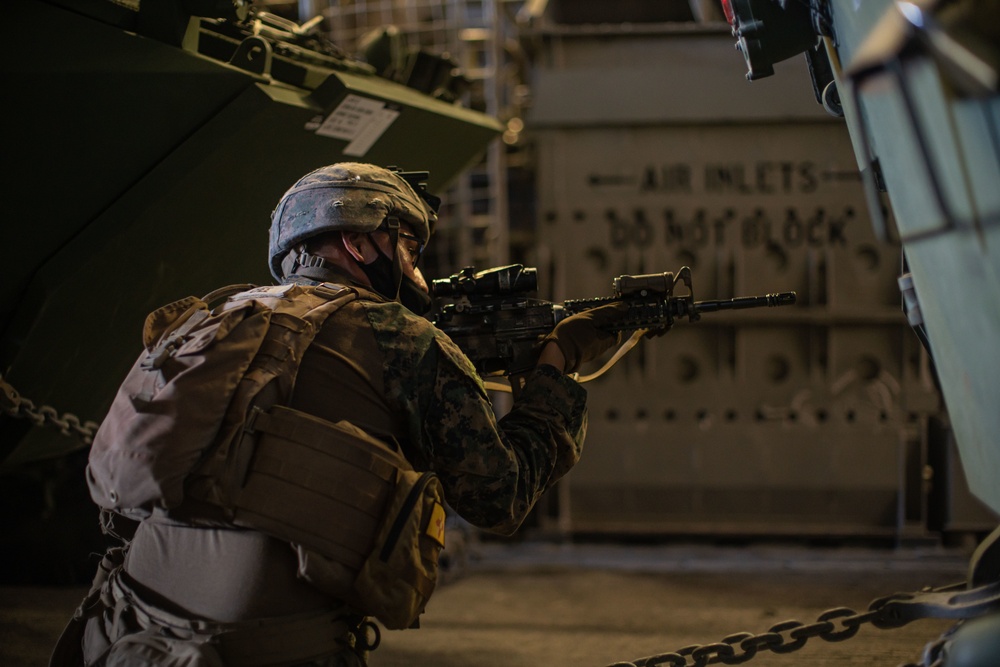 LAR Co., BLT 1/1 area clearing drills aboard USS Portland (LPD 27)