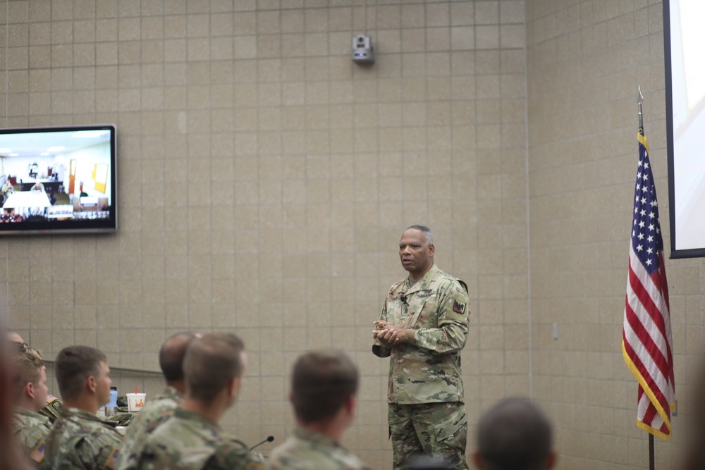 National Guard command sergeant major Command Sgt. Maj. John Sampa holds an open forum town hall meeting with soldiers of the South Dakota National Guard.