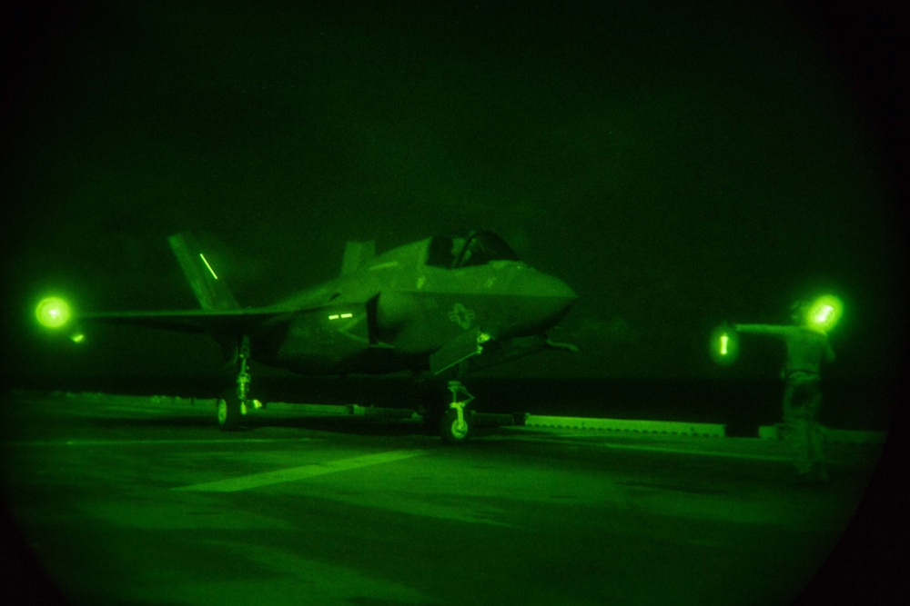USS America (LHA 6) Conducts Flight Operations At Night