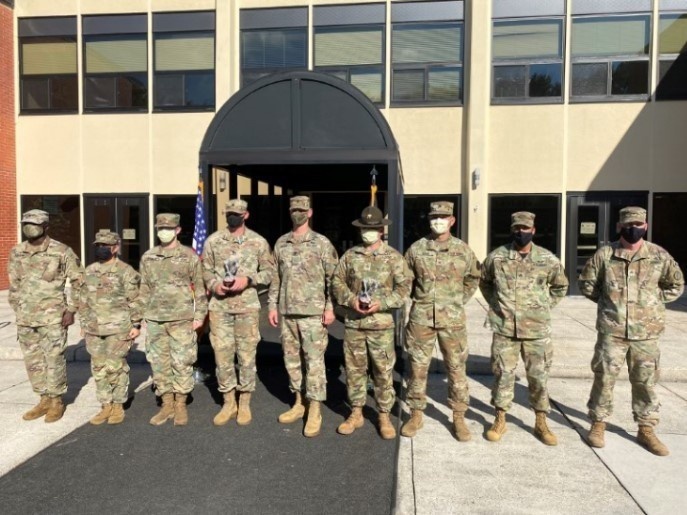 Command Sgt. Maj. Scott Beeson with Fort Eustis Soldiers who competed in the Fort Eustis Best Soldier and NCO of the Year Competition.