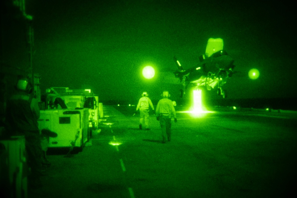 USS America (LHA 6) Conducts Flight Operations At Night