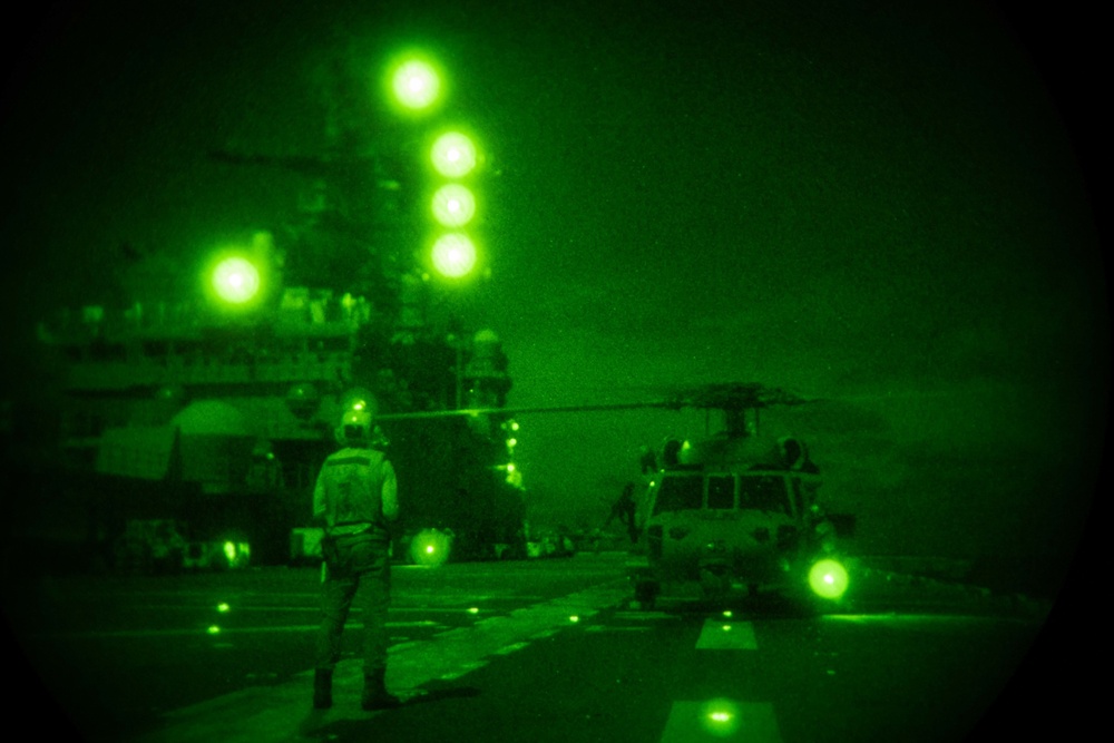 USS America (LHA 6) Conducts Flight Operations At Night