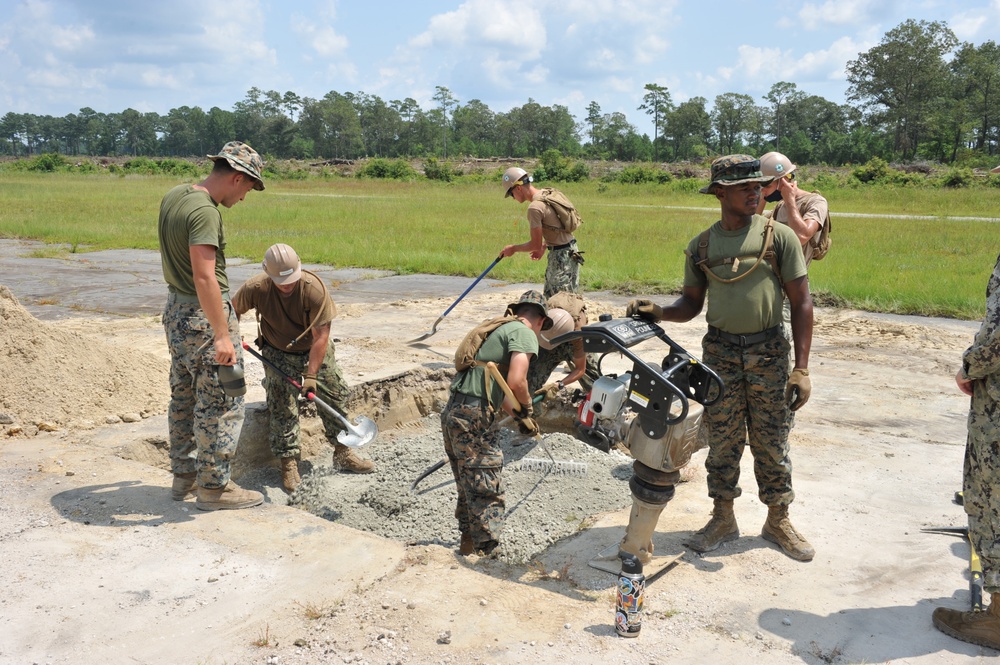 Seabees and Marines conduct expeditionary airfield damage repair during LSE 2021
