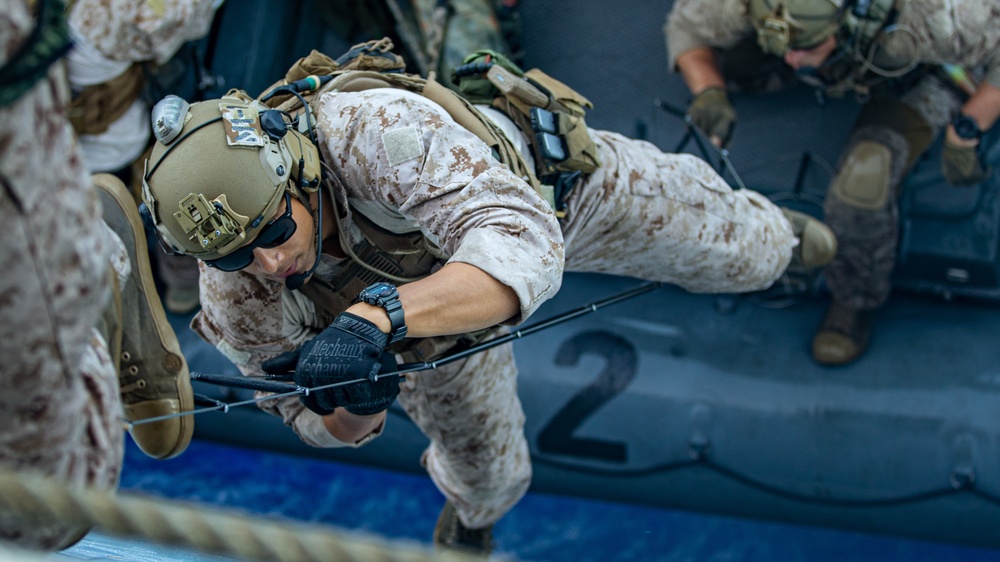 11th MEU ADRD Marines conduct caving ladder sustainment training aboard USS Peal Harbor