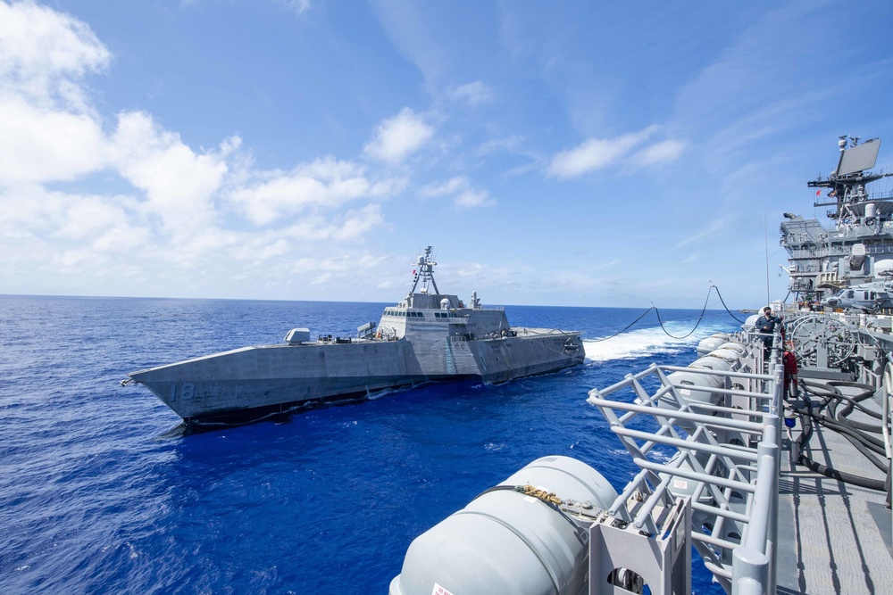 USS America (LHA 6) Conducts a Fueling-At-Sea with USS Charleston (LCS 18)