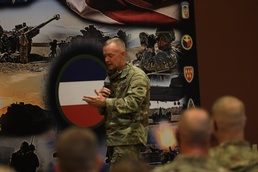 CSM Todd Sims gives a speech to the FORSCOM Retention teams at Cole Park Commons.
