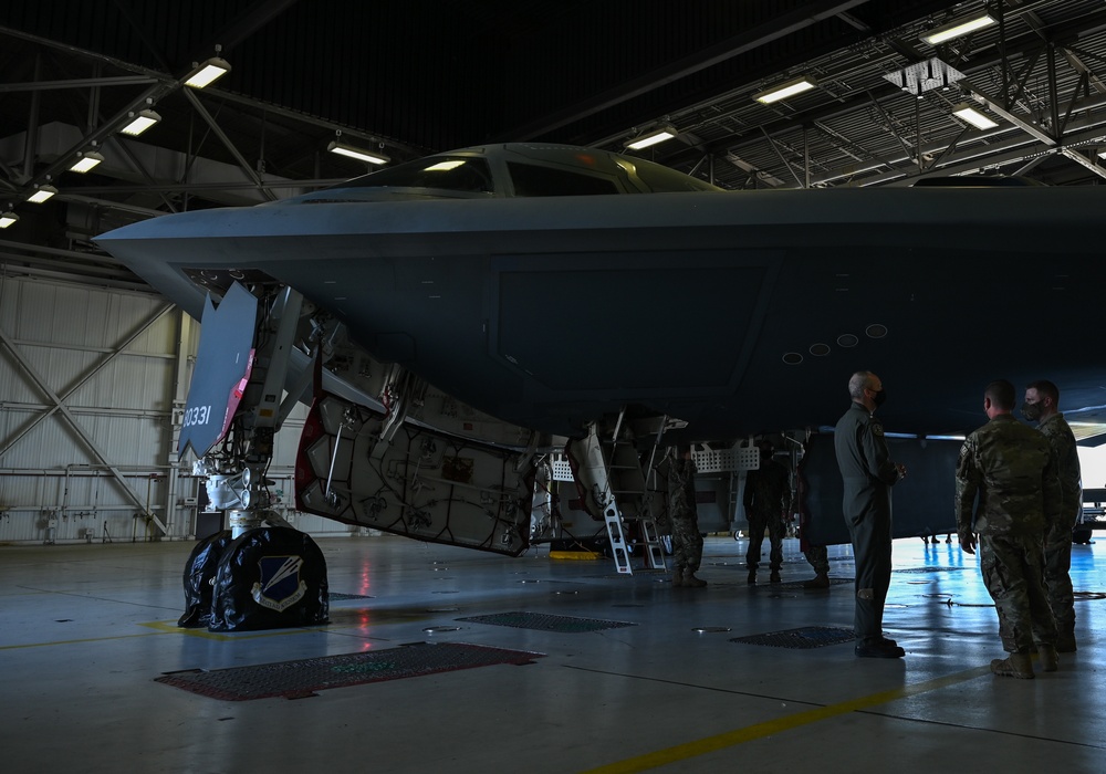 U.S. Strategic Command's Rear Adm. Mark Behning visits Whiteman Air Force Base, tours B-2 Spirit