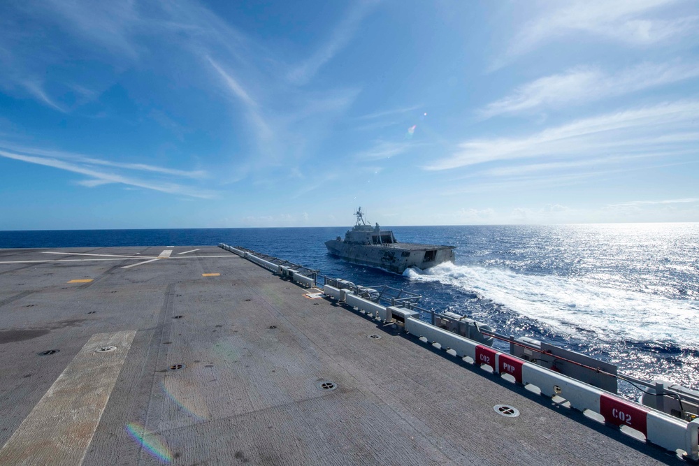 USS America (LHA 6) Conducts a Fueling-At-Sea with USS Charleston (LCS 18)