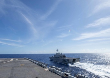 USS America (LHA 6) Conducts a Fueling-At-Sea with USS Charleston (LCS 18)