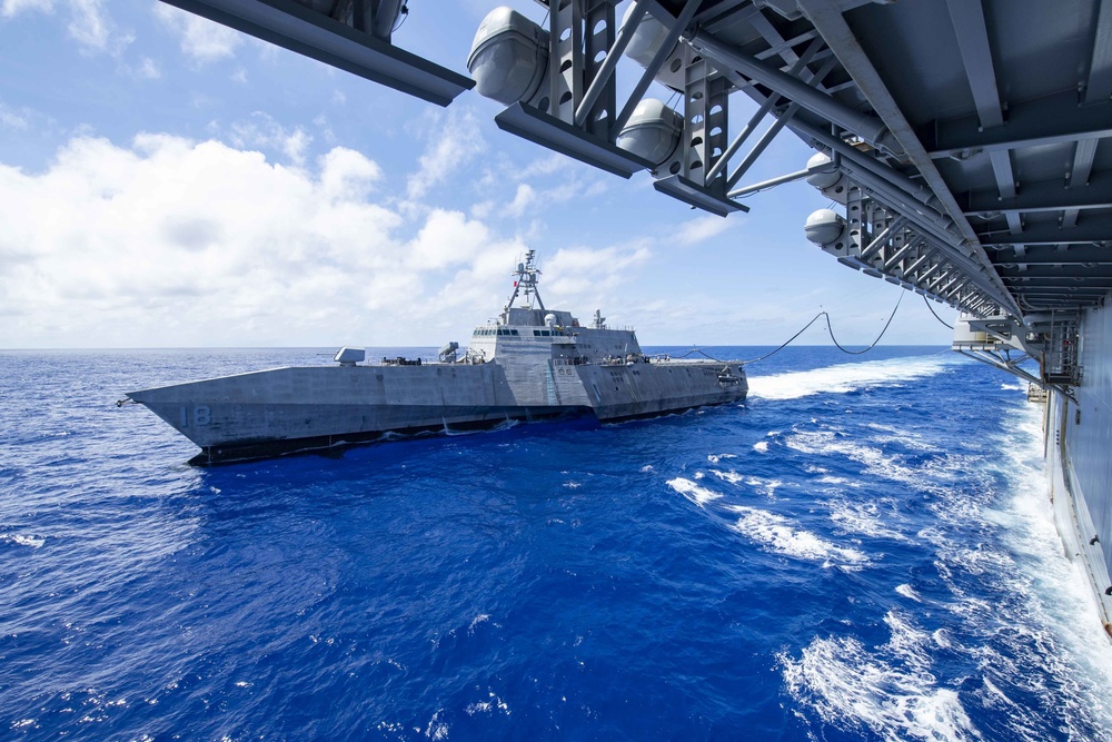 USS America (LHA 6) Conducts a Fueling-At-Sea with USS Charleston (LCS 18)