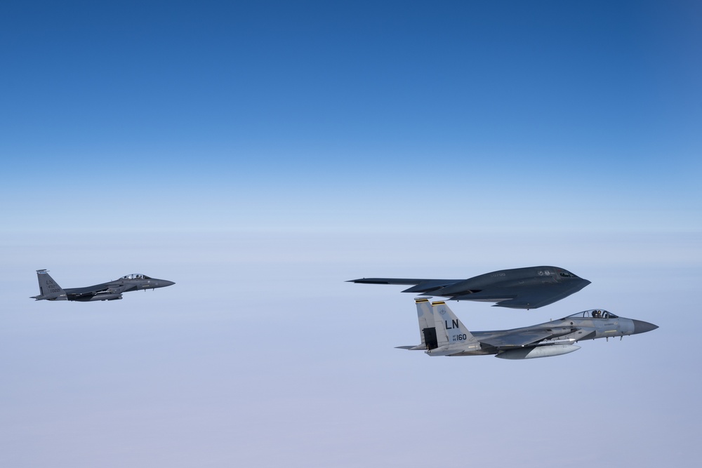 Liberty Wing integrates with B-2 Spirit stealth bombers during Bomber Task Force mission