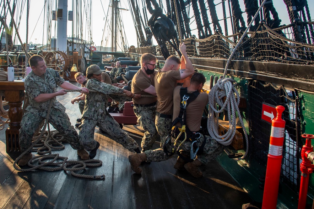 Sailors line handle aboard USS Constitution