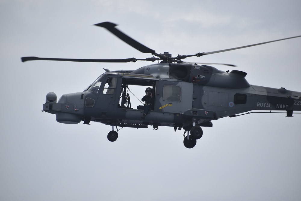 British Royal Navy Wildcat Helicopter Takes Off From USNS Burlington