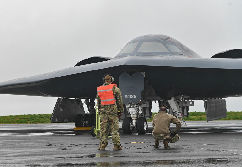 110th Expeditionary Bomb Squadron launches B-2 Spirit to integrate with USAFE F-15 Eagle