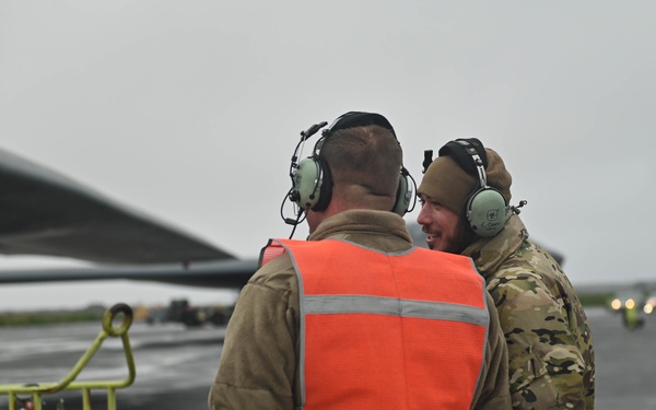 110th Expeditionary Bomb Squadron launches B-2 Spirit to integrate with USAFE F-15 Eagle