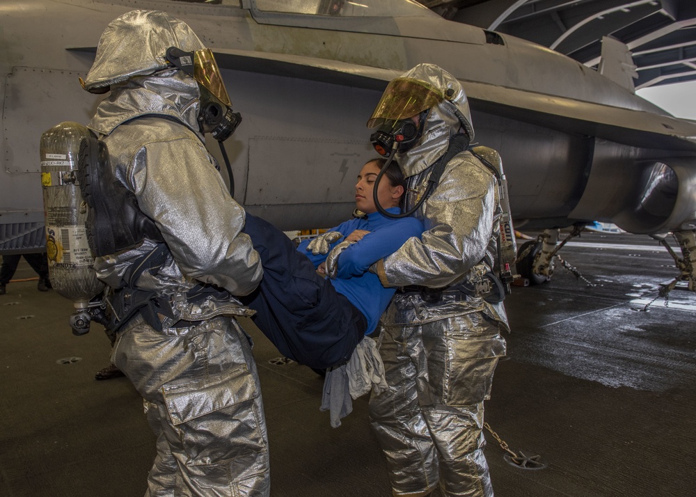 GHWB Sailors Participate in Hangar Bay Drills