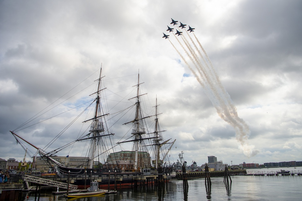 The Blue Angels transit by the USS Constitution