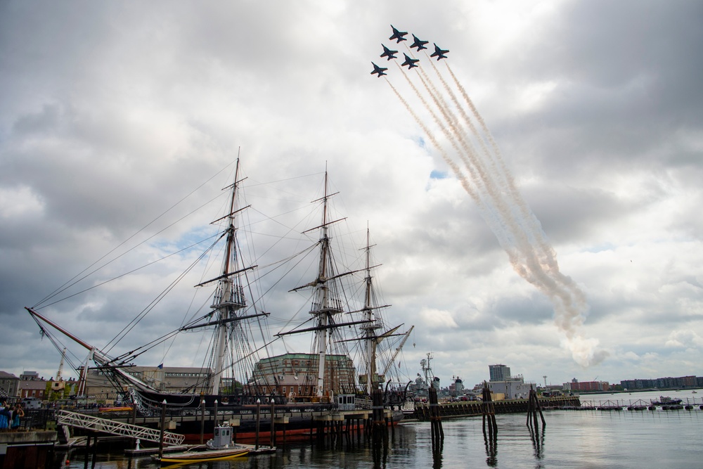 The Blue Angels transit by the USS Constitution