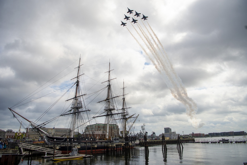 The Blue Angels transit by the USS Constitution