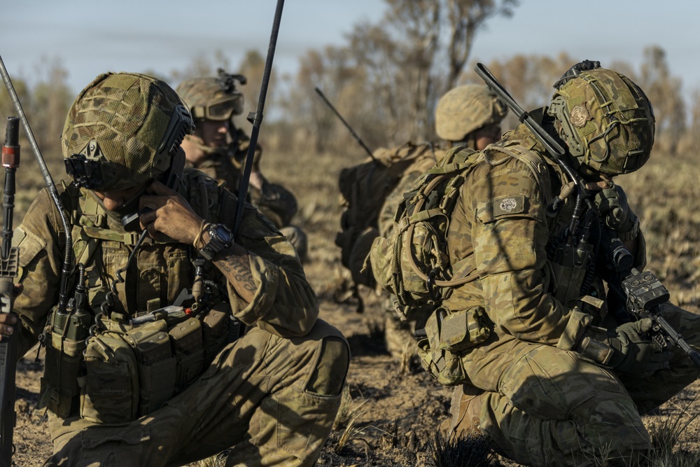 U.S. Marines and Australian Army Soldiers call in close air support during Exercise Koolendong